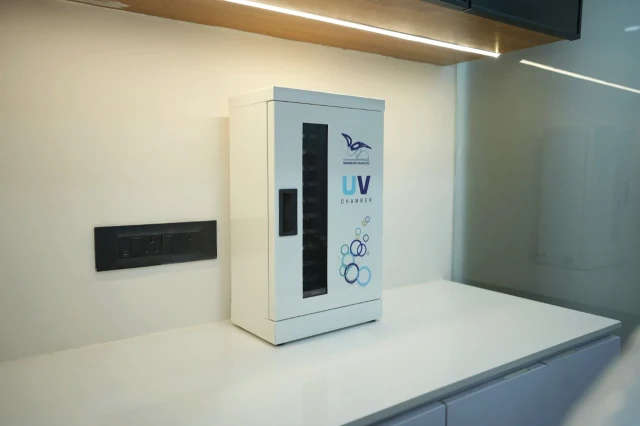 UV chamber photographed on the clinic equipment counter